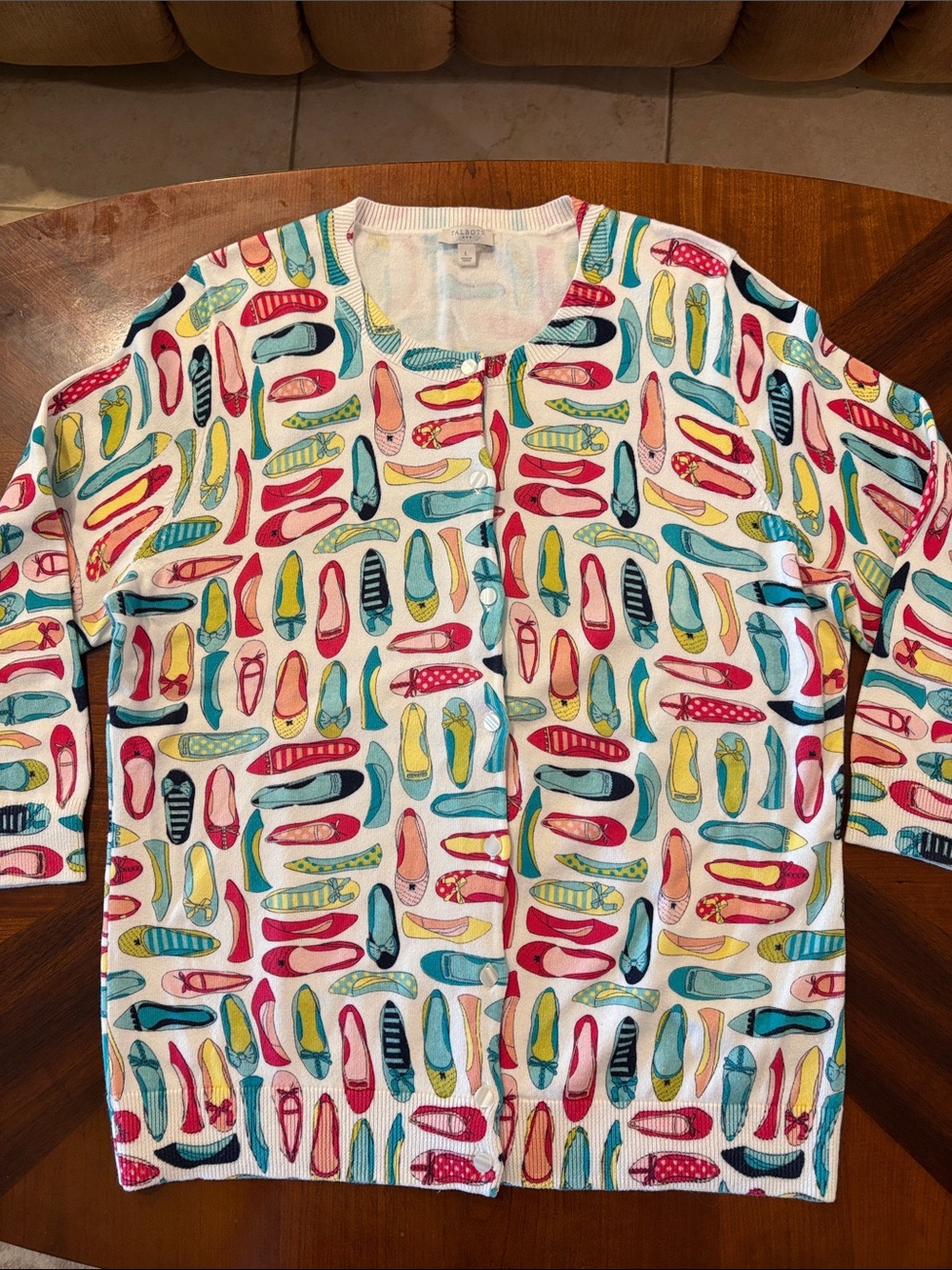 Talbots Women’s White 3/4-Sleeve Cardigan with Multicolor Shoe Print